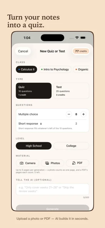 A screen for creating a new AI-generated quiz from an uploaded photo or PDF