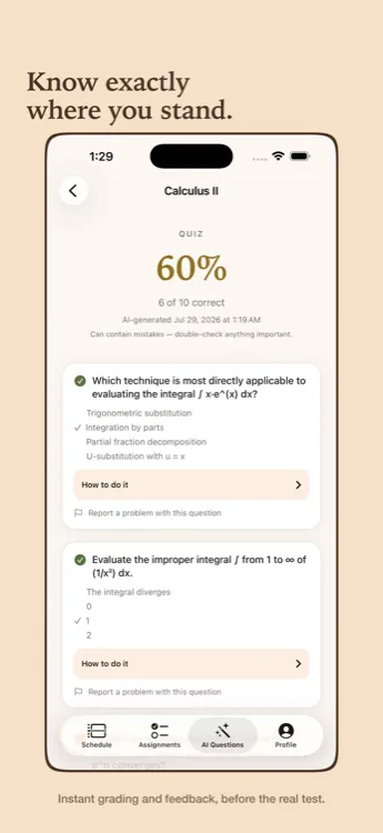 A quiz results screen showing instant grading and feedback on each question