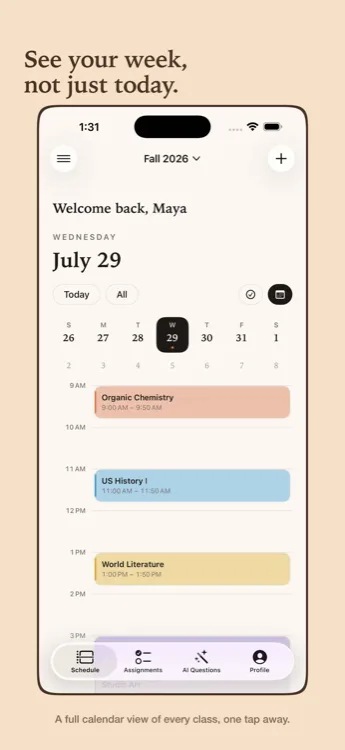 A weekly calendar view showing every class across the week