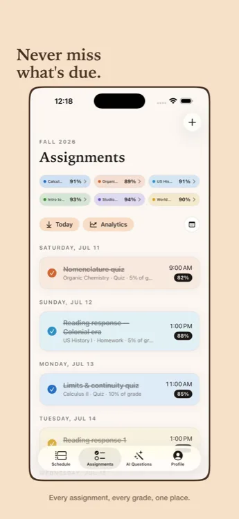 A list of upcoming assignments with due dates and completion status